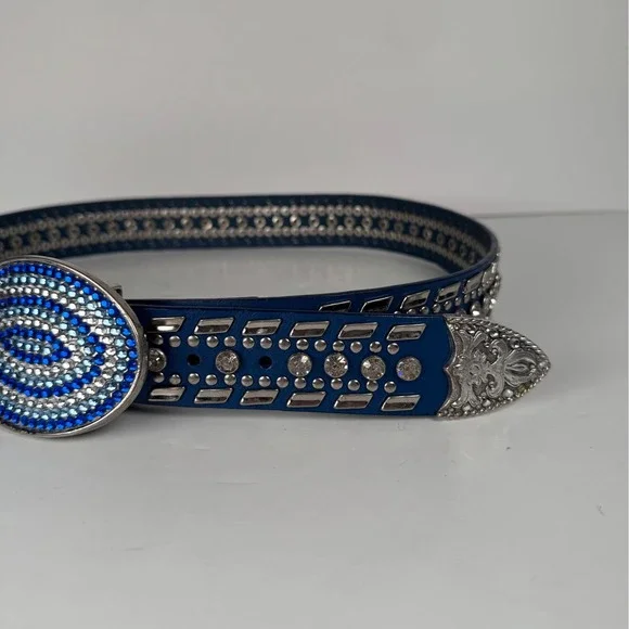 Nocona Genuine Blue/Silver Leather Western Belt Rhinestone Bedazzled Womens Y2K